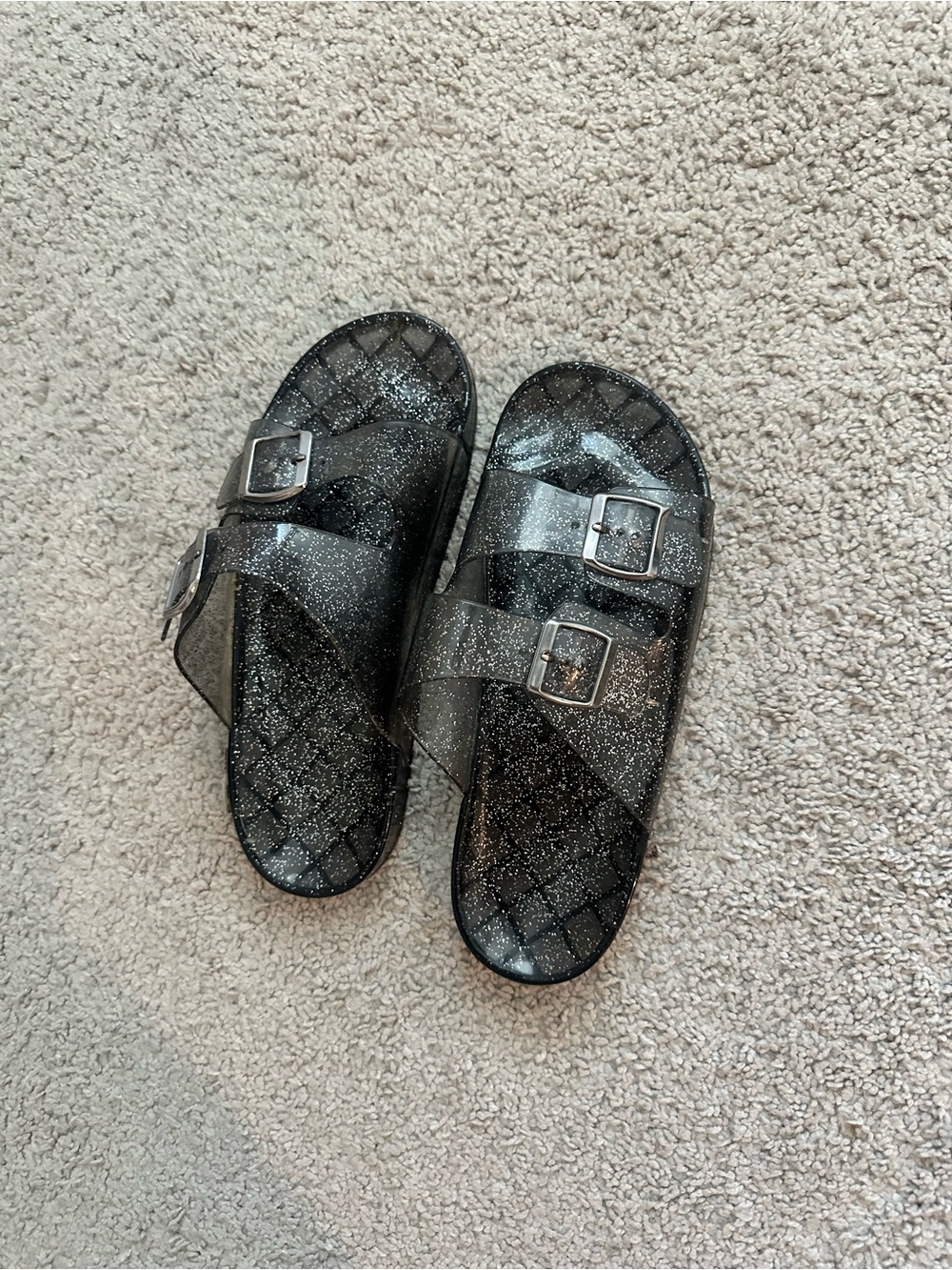 Men's Black Glitter Double-Buckle Slide Sandals